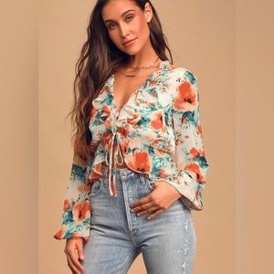 Lulus Keep Dreamin' White Floral Print Ruched Ruffled Cropped Top